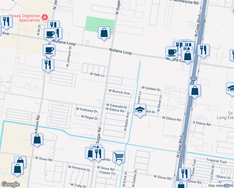 map of restaurants, bars, coffee shops, grocery stores, and more near 805 West Bronze Drive in Pharr