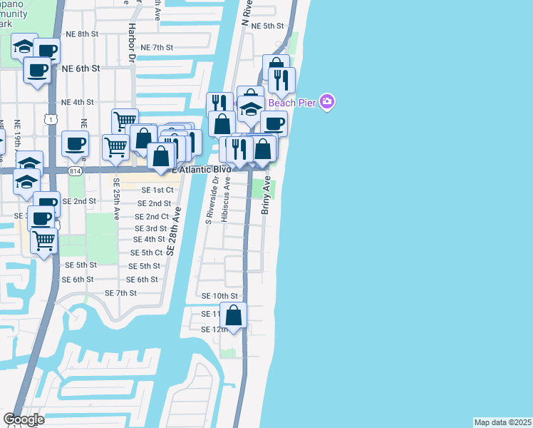 map of restaurants, bars, coffee shops, grocery stores, and more near 300 Briny Avenue in Pompano Beach