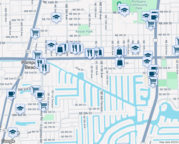 map of restaurants, bars, coffee shops, grocery stores, and more near 801 Pine Drive in Pompano Beach