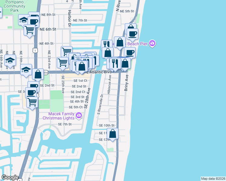 map of restaurants, bars, coffee shops, grocery stores, and more near 316 Hibiscus Avenue in Pompano Beach