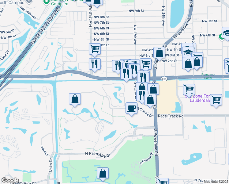 map of restaurants, bars, coffee shops, grocery stores, and more near 2829 North Course Drive in Pompano Beach
