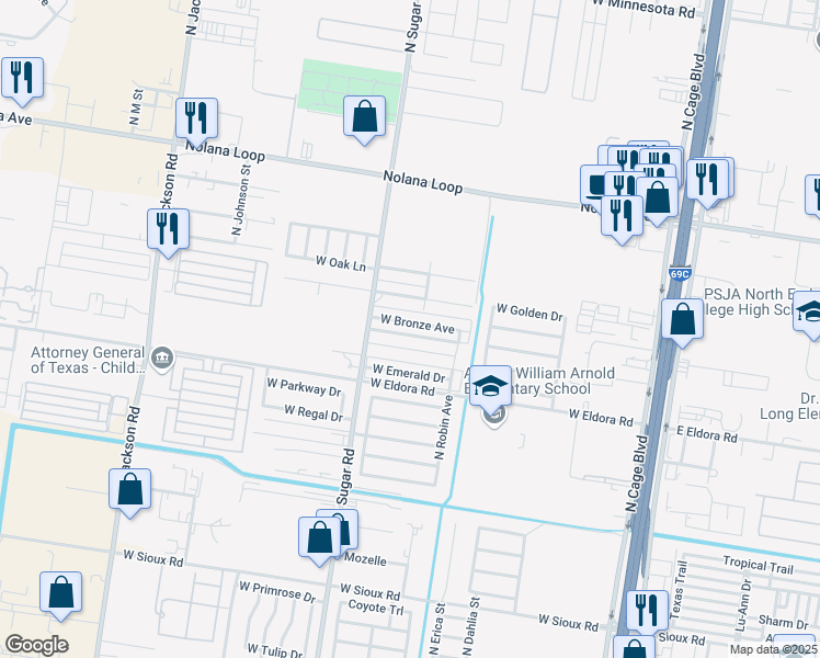 map of restaurants, bars, coffee shops, grocery stores, and more near 805 West Bronze Drive in Pharr