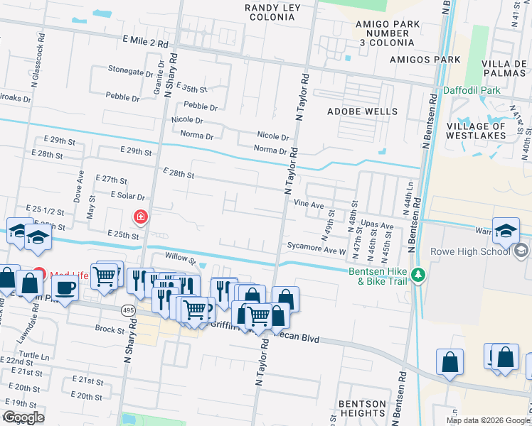 map of restaurants, bars, coffee shops, grocery stores, and more near 2701 North Taylor Road in Mission