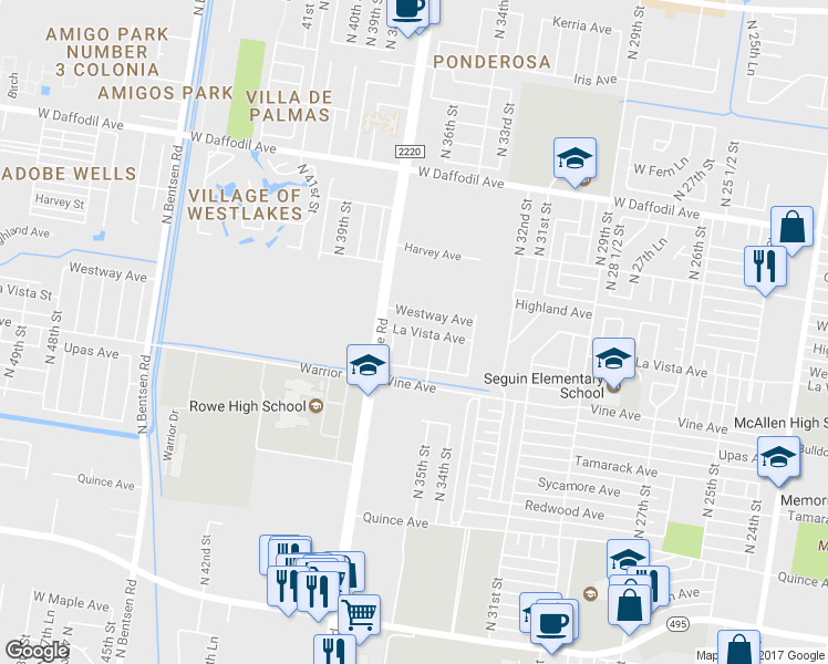 map of restaurants, bars, coffee shops, grocery stores, and more near 4909 La Vista Avenue in McAllen