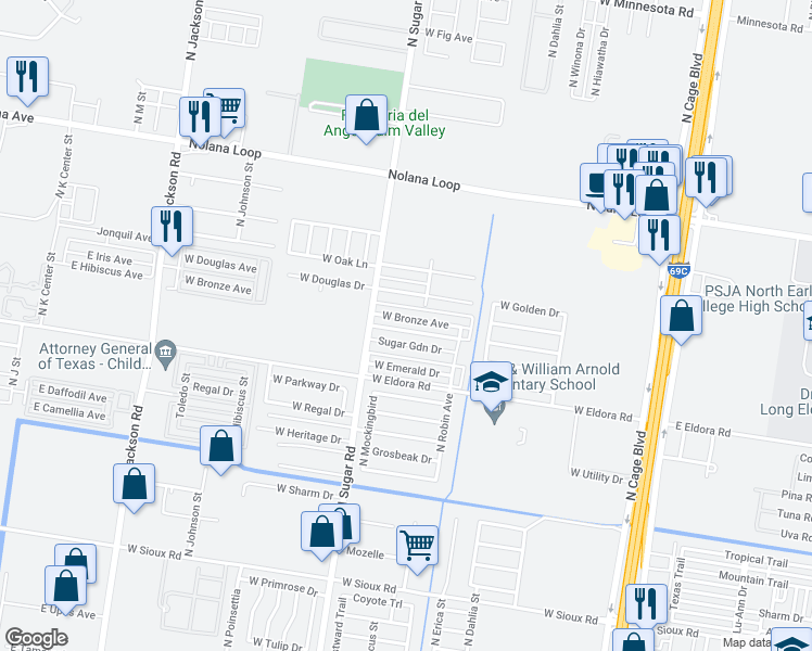 map of restaurants, bars, coffee shops, grocery stores, and more near 801 West Bronze Drive in Pharr