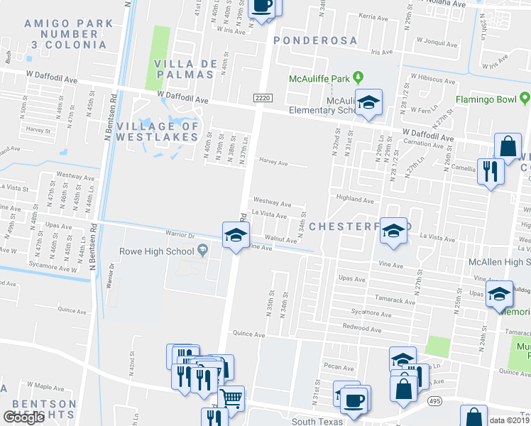 map of restaurants, bars, coffee shops, grocery stores, and more near 4929 La Vista Avenue in McAllen