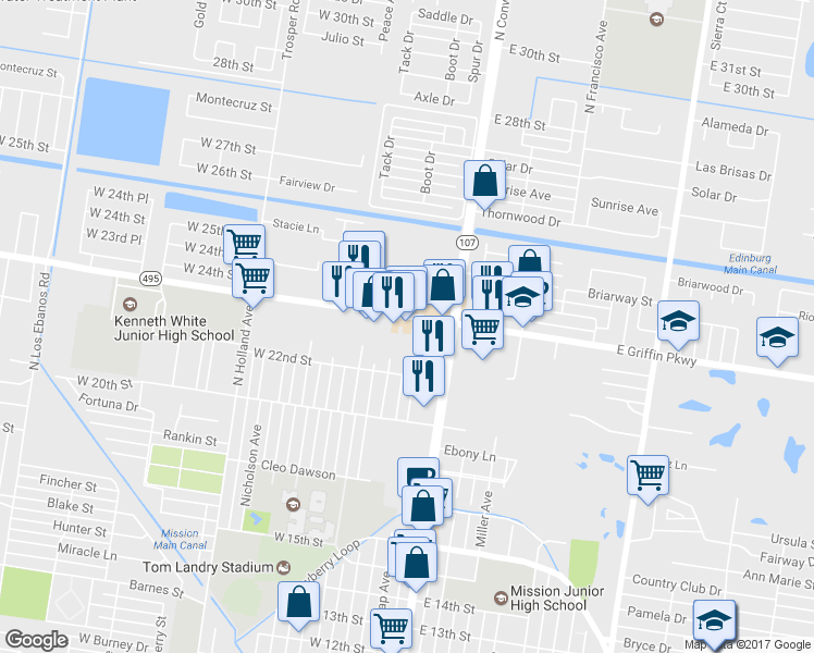 map of restaurants, bars, coffee shops, grocery stores, and more near 107 West Griffin Parkway in Mission