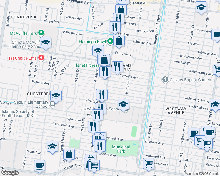 map of restaurants, bars, coffee shops, grocery stores, and more near 2220 Highland Avenue in McAllen