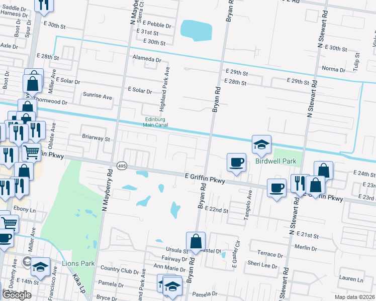 map of restaurants, bars, coffee shops, grocery stores, and more near 2313 Warjebo Trail in Mission