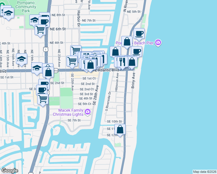 map of restaurants, bars, coffee shops, grocery stores, and more near 319 South Riverside Drive in Pompano Beach