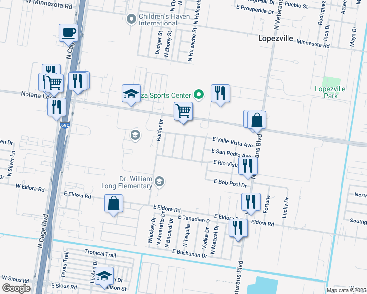 map of restaurants, bars, coffee shops, grocery stores, and more near 4104 Linda Vista Street in Pharr