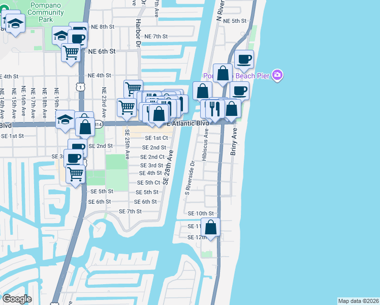 map of restaurants, bars, coffee shops, grocery stores, and more near 319 South Riverside Drive in Pompano Beach