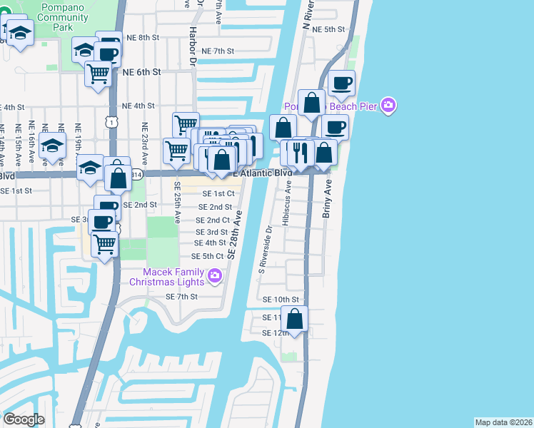 map of restaurants, bars, coffee shops, grocery stores, and more near 319 South Riverside Drive in Pompano Beach