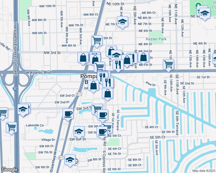 map of restaurants, bars, coffee shops, grocery stores, and more near 219 Southeast 1st Avenue in Pompano Beach