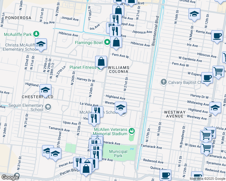 map of restaurants, bars, coffee shops, grocery stores, and more near 2116 Highland Avenue in McAllen