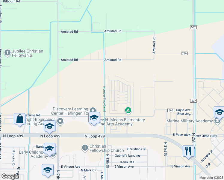 map of restaurants, bars, coffee shops, grocery stores, and more near 255 Sunshine Court in Harlingen