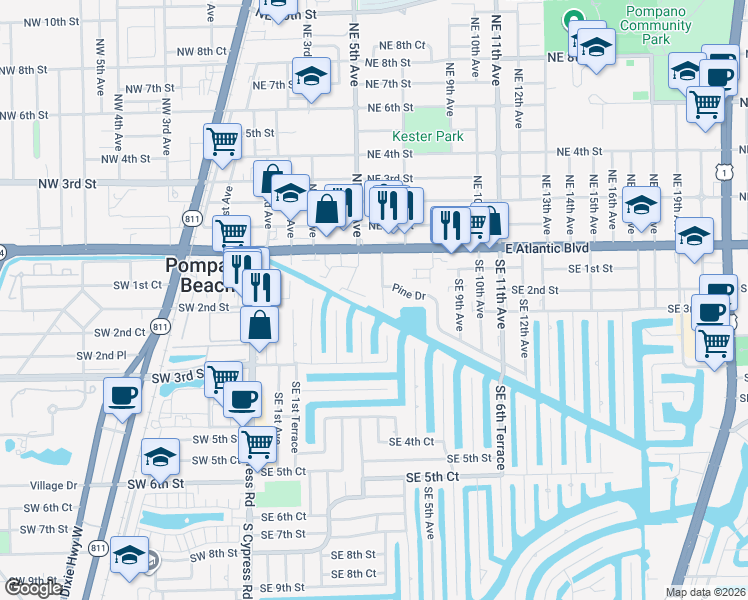 map of restaurants, bars, coffee shops, grocery stores, and more near 251 Southeast 6th Avenue in Pompano Beach
