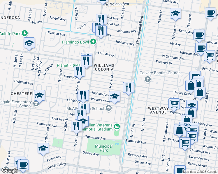 map of restaurants, bars, coffee shops, grocery stores, and more near 2100 Whitewing Avenue in McAllen