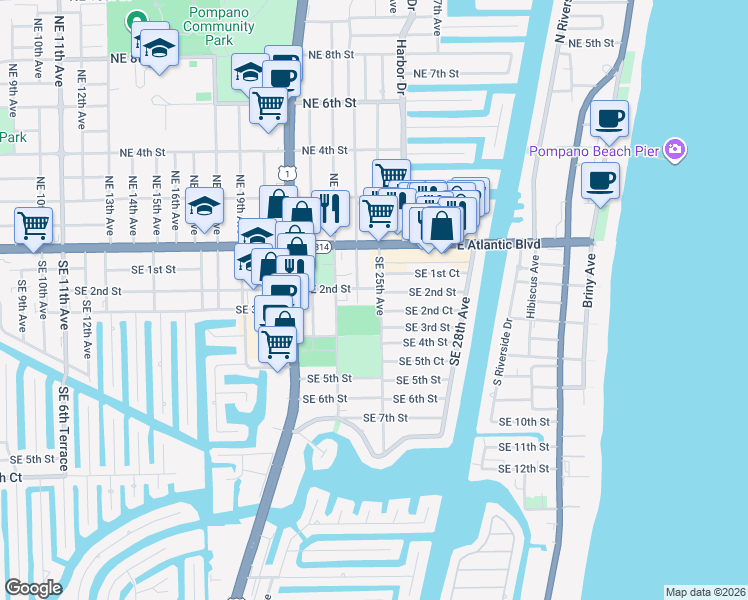 map of restaurants, bars, coffee shops, grocery stores, and more near 2520 Southeast 2nd Court in Pompano Beach