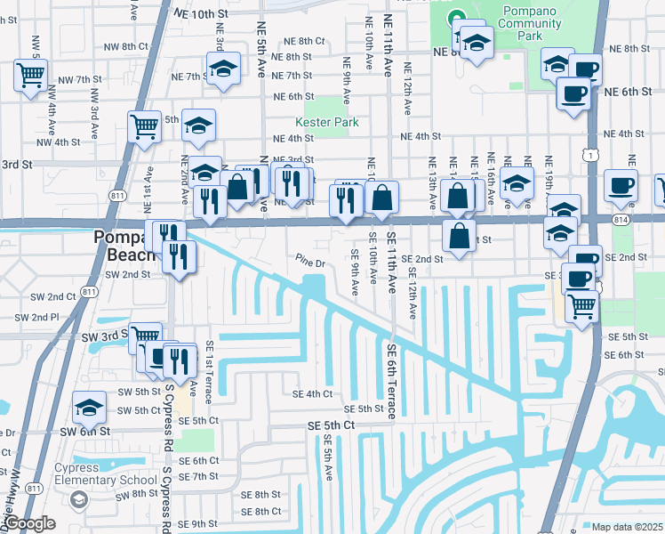 map of restaurants, bars, coffee shops, grocery stores, and more near 801 Pine Drive in Pompano Beach