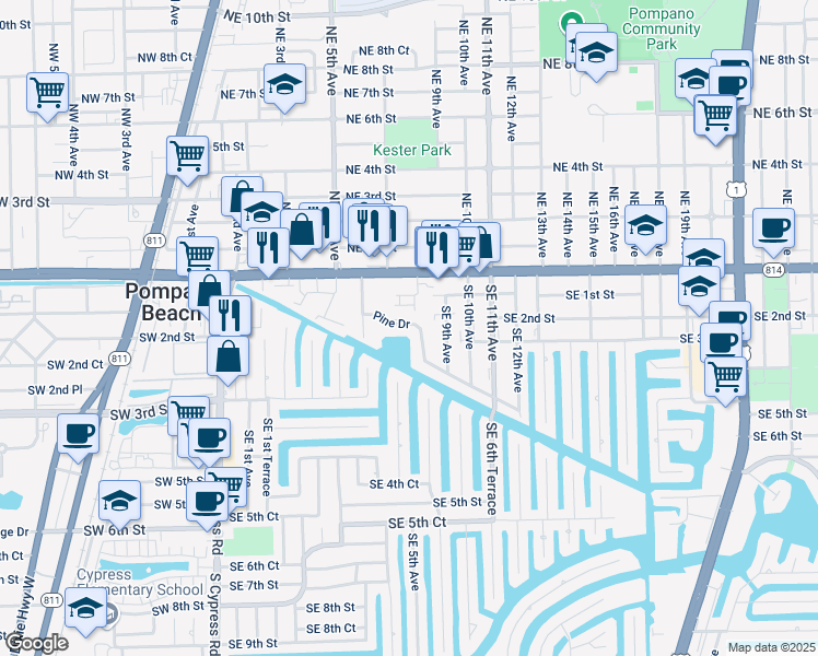 map of restaurants, bars, coffee shops, grocery stores, and more near 298 Southeast 6th Avenue in Pompano Beach