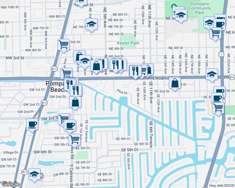 map of restaurants, bars, coffee shops, grocery stores, and more near 298 Southeast 6th Avenue in Pompano Beach