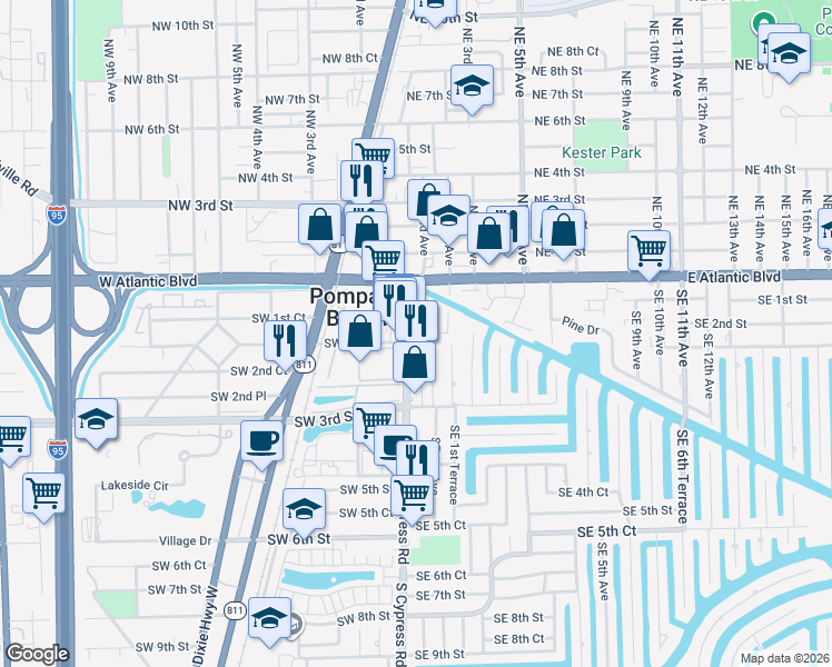 map of restaurants, bars, coffee shops, grocery stores, and more near 209 Southeast 1st Avenue in Pompano Beach