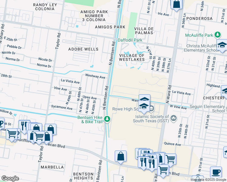 map of restaurants, bars, coffee shops, grocery stores, and more near Vine Avenue in McAllen