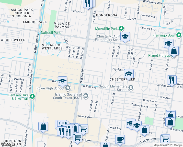 map of restaurants, bars, coffee shops, grocery stores, and more near 2319 North 35th Lane in McAllen