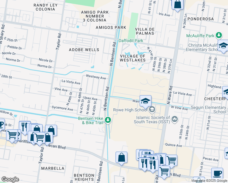 map of restaurants, bars, coffee shops, grocery stores, and more near Vine Avenue in McAllen