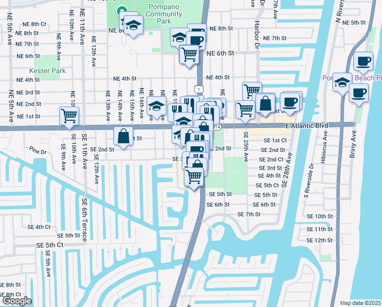 map of restaurants, bars, coffee shops, grocery stores, and more near 423 Federal Highway in Pompano Beach
