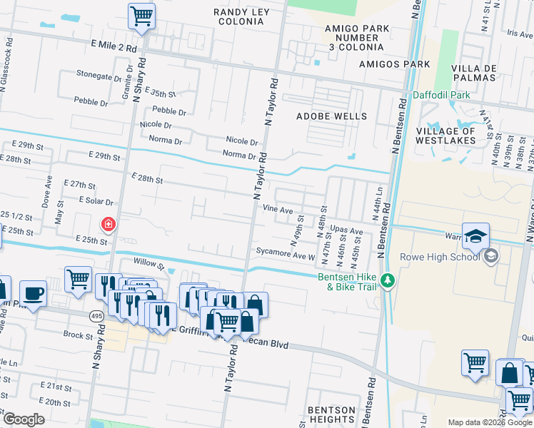 map of restaurants, bars, coffee shops, grocery stores, and more near 1920 North Taylor Road in McAllen
