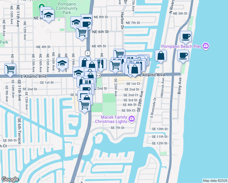 map of restaurants, bars, coffee shops, grocery stores, and more near 2520 Southeast 2nd Court in Pompano Beach