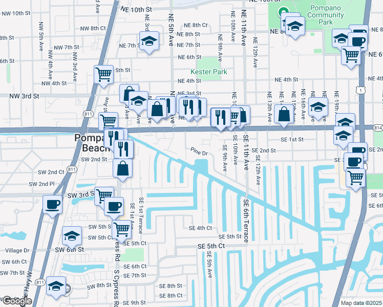 map of restaurants, bars, coffee shops, grocery stores, and more near 141 South East 7th Way in Pompano Beach