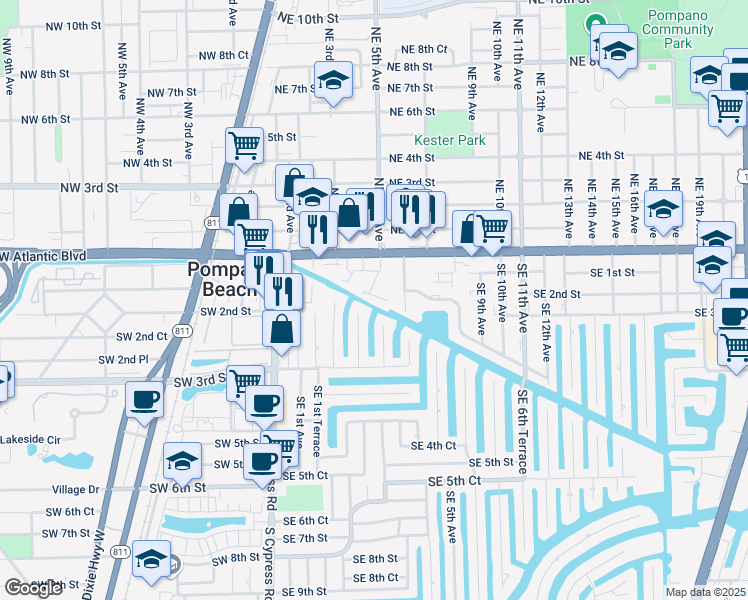 map of restaurants, bars, coffee shops, grocery stores, and more near 452 Southeast 1st Street in Pompano Beach