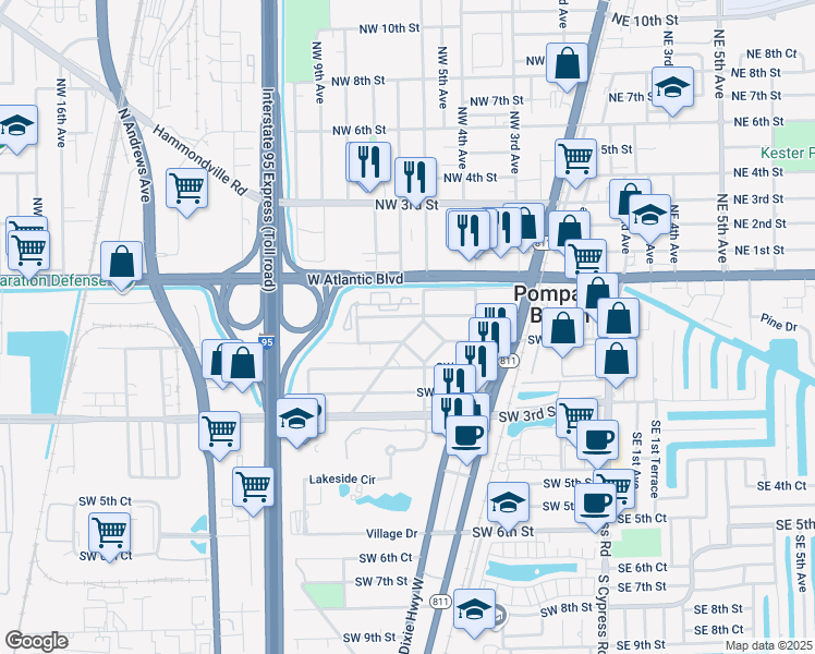 map of restaurants, bars, coffee shops, grocery stores, and more near 457 Southwest 1st Court in Pompano Beach
