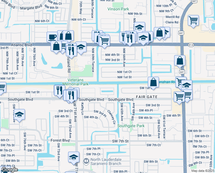 map of restaurants, bars, coffee shops, grocery stores, and more near 6800 Northwest 1st Street in Margate