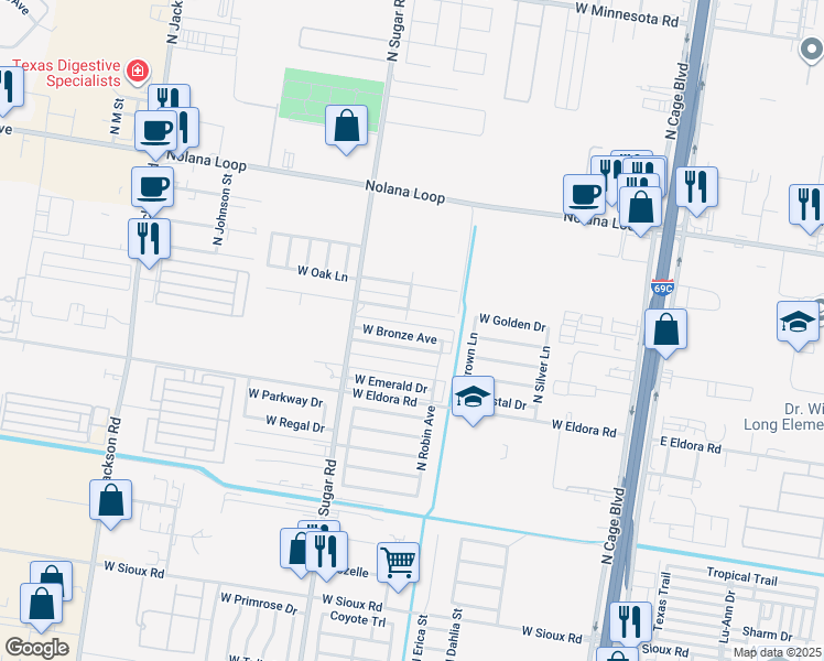 map of restaurants, bars, coffee shops, grocery stores, and more near 805 West Douglas Drive in Pharr