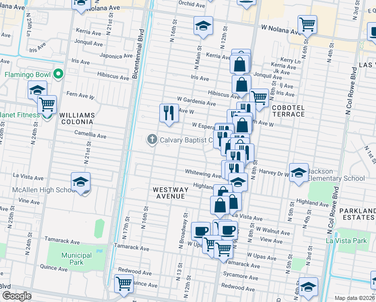 map of restaurants, bars, coffee shops, grocery stores, and more near 1215 West Daffodil Avenue in McAllen