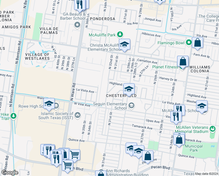 map of restaurants, bars, coffee shops, grocery stores, and more near 2517 North 32nd Street in McAllen