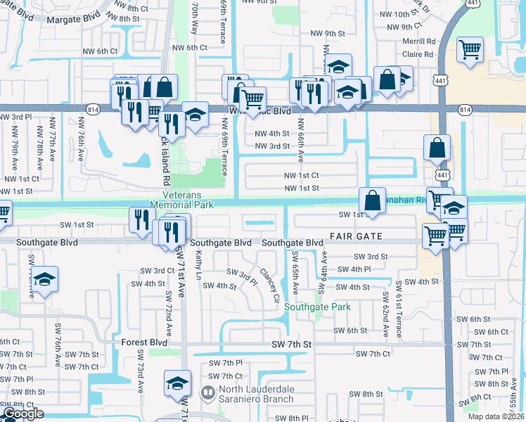 map of restaurants, bars, coffee shops, grocery stores, and more near 6800 Northwest 1st Street in Margate
