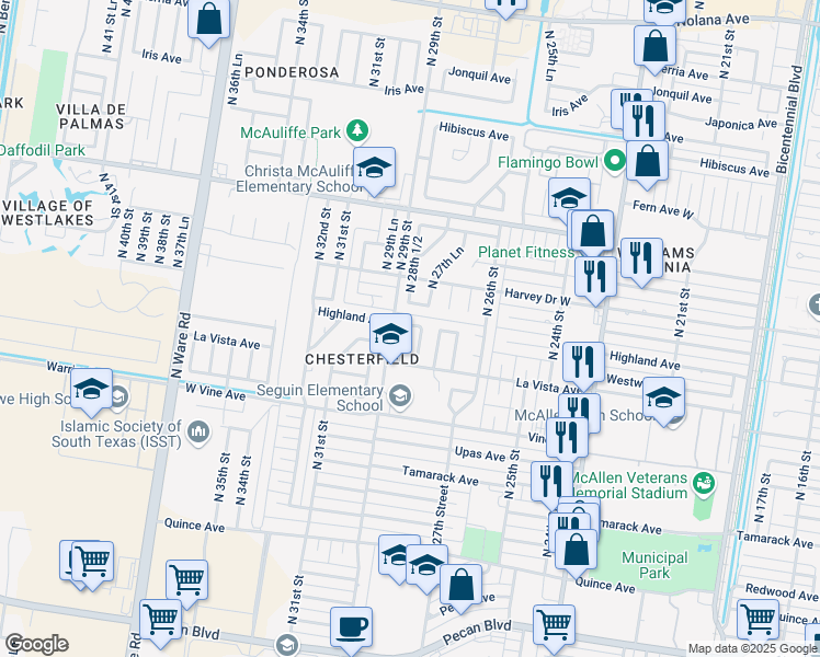 map of restaurants, bars, coffee shops, grocery stores, and more near 2805 Whitewing Avenue in McAllen