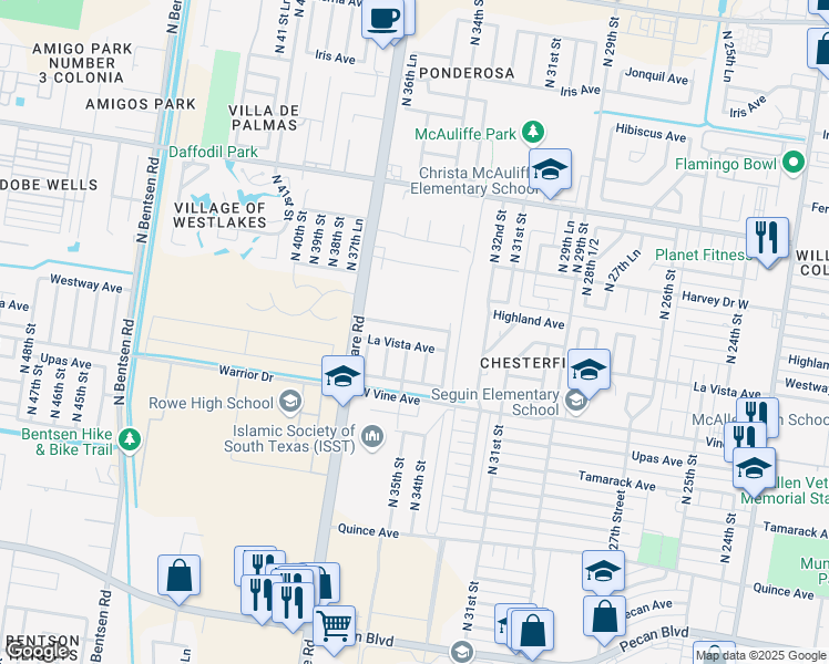 map of restaurants, bars, coffee shops, grocery stores, and more near 3520 Westway Avenue in McAllen
