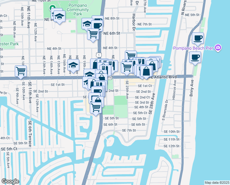 map of restaurants, bars, coffee shops, grocery stores, and more near 31 Southeast 24th Avenue in Pompano Beach