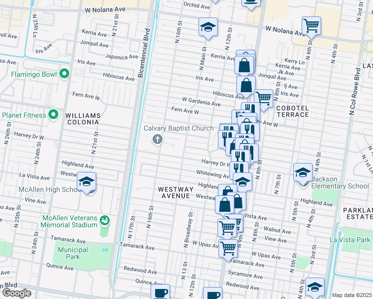 map of restaurants, bars, coffee shops, grocery stores, and more near 1321 Camellia Avenue in McAllen