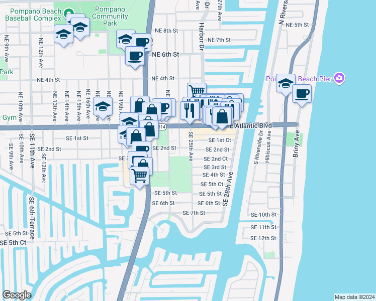 map of restaurants, bars, coffee shops, grocery stores, and more near 2520 Southeast 1st Court in Pompano Beach