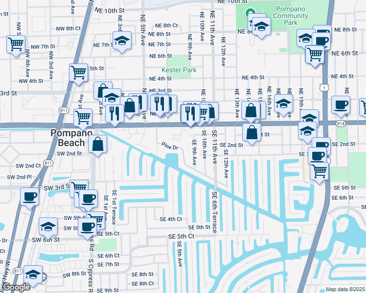 map of restaurants, bars, coffee shops, grocery stores, and more near 900-902 Southeast 1st Street in Pompano Beach