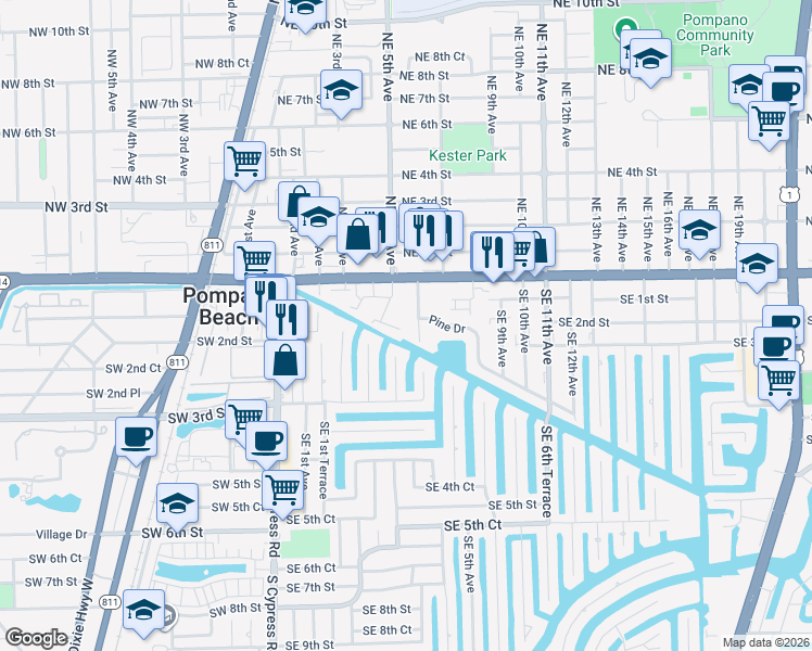 map of restaurants, bars, coffee shops, grocery stores, and more near 101 Southeast 6th Avenue in Pompano Beach