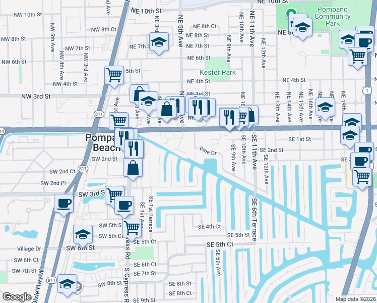 map of restaurants, bars, coffee shops, grocery stores, and more near 101 Southeast 6th Avenue in Pompano Beach