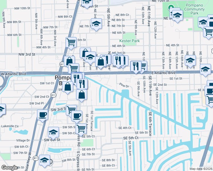 map of restaurants, bars, coffee shops, grocery stores, and more near 462 Southeast 1st Circle in Pompano Beach